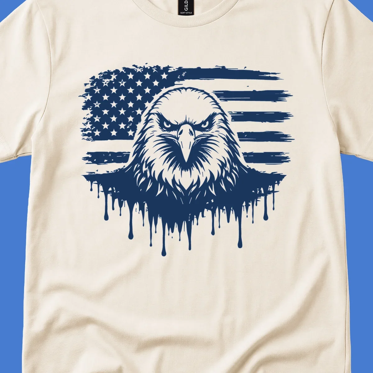 Bold eagle head illustration on a distressed American flag with dripping effect.