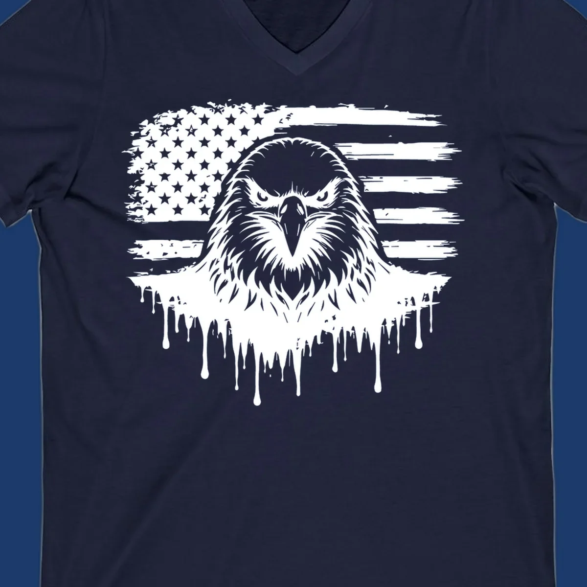 Bold eagle head illustration on a distressed American flag with dripping effect.