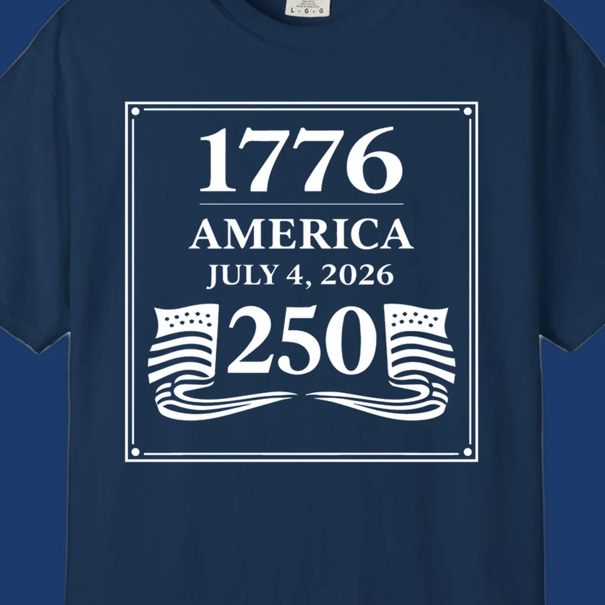 America 250th anniversary design with text and flags