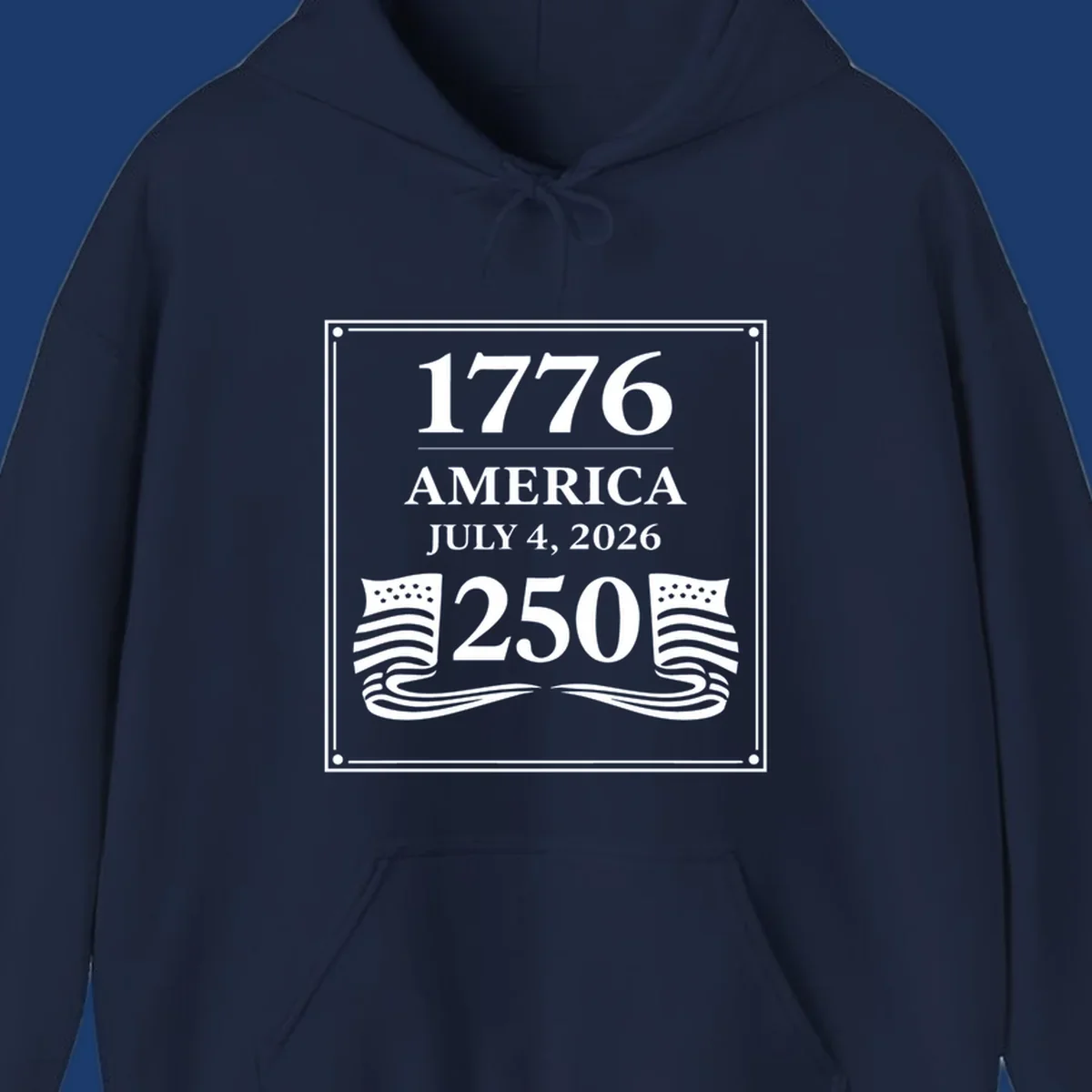 America 250th anniversary design with text and flags