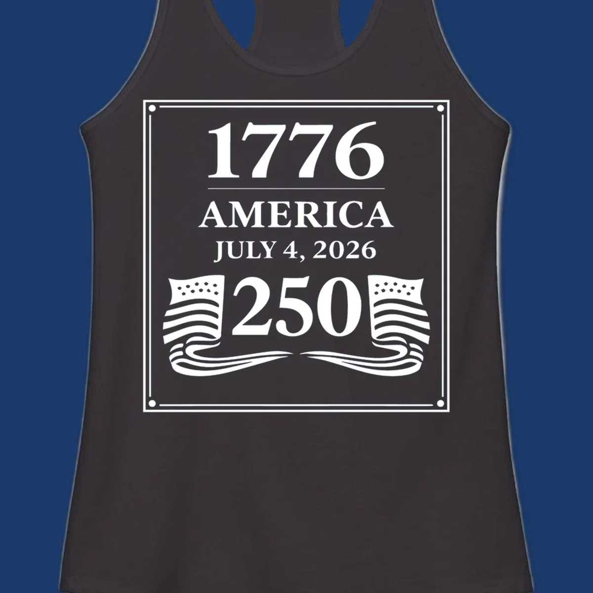 America 250th anniversary design with text and flags