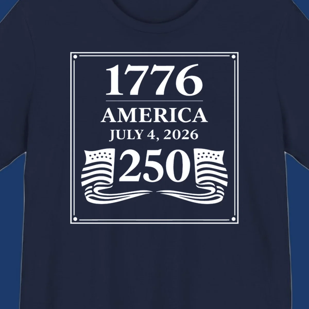 America 250th anniversary design with text and flags