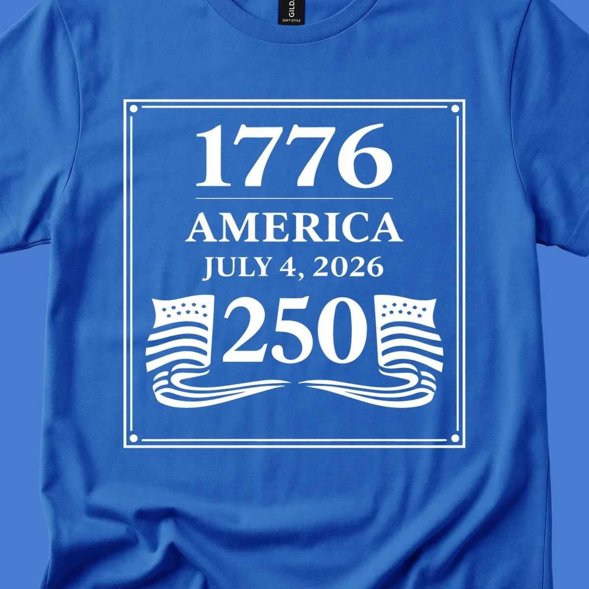 America 250th anniversary design with text and flags
