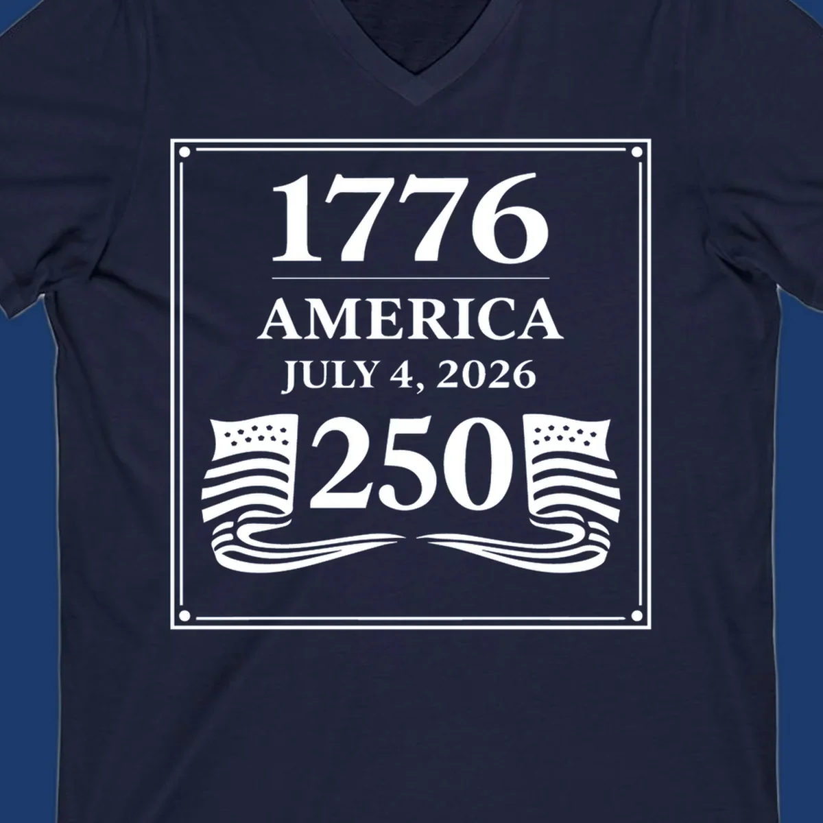 America 250th anniversary design with text and flags