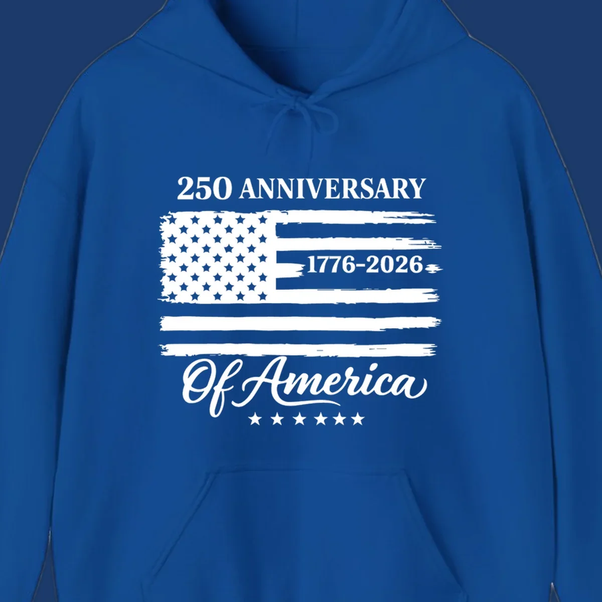 America 250th anniversary design featuring a distressed American flag and bold text celebrating 1776-2026.