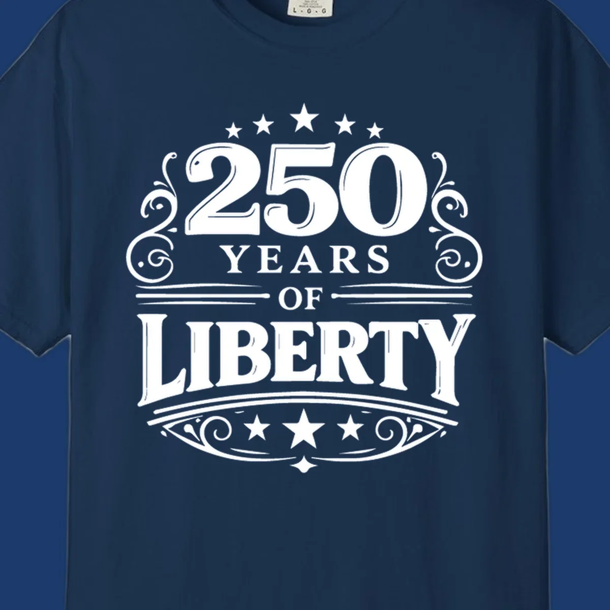Bold typography design celebrating 250 years of liberty with stars and decorative elements.