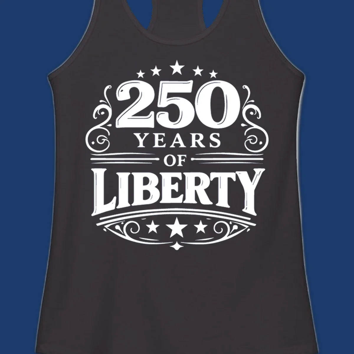Bold typography design celebrating 250 years of liberty with stars and decorative elements.