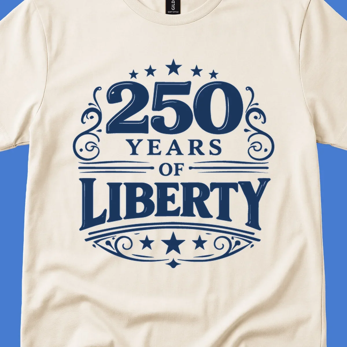 Bold typography design celebrating 250 years of liberty with stars and decorative elements.