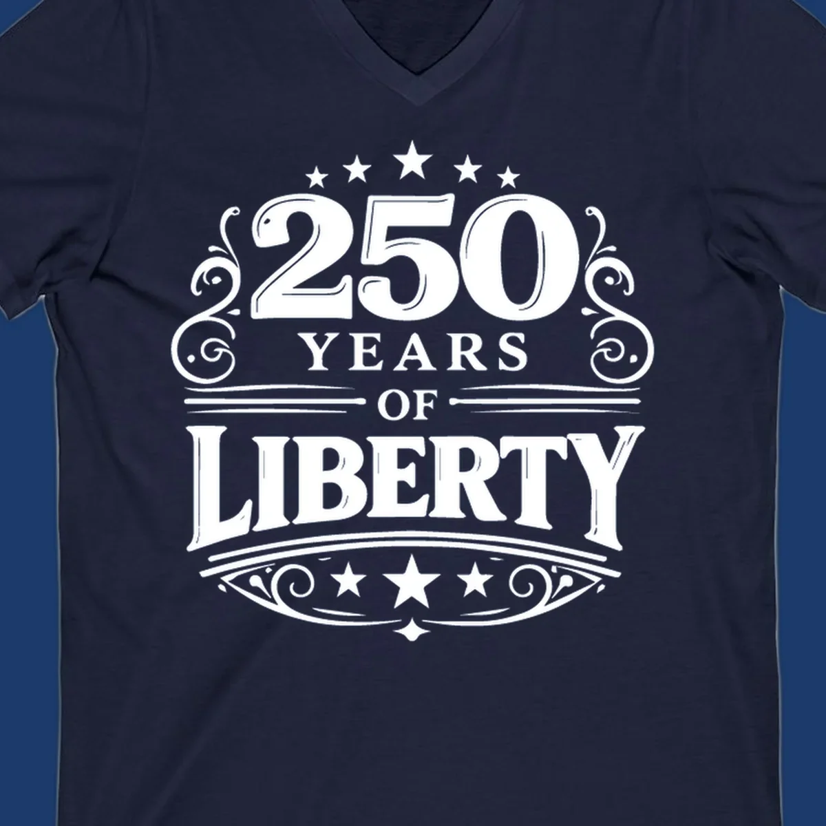 Bold typography design celebrating 250 years of liberty with stars and decorative elements.