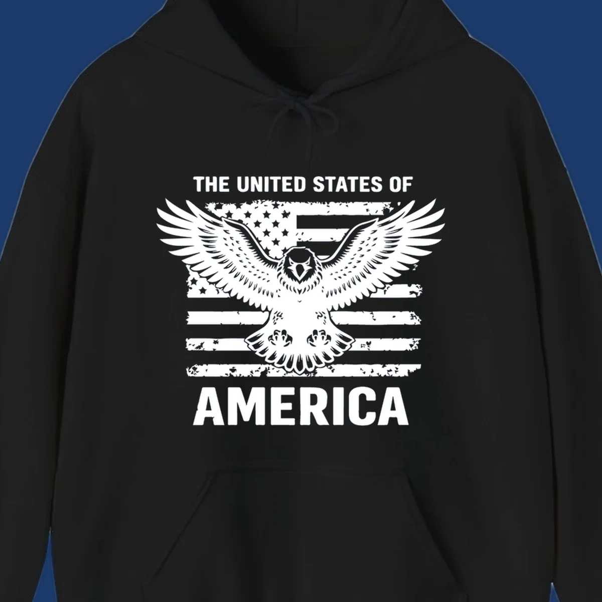 Bold American eagle with outstretched wings superimposed over a distressed USA flag, text 'THE UNITED STATES OF AMERICA'.