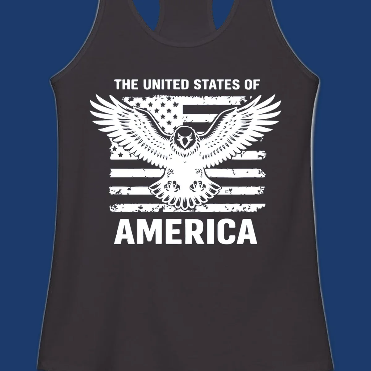 Bold American eagle with outstretched wings superimposed over a distressed USA flag, text 'THE UNITED STATES OF AMERICA'.