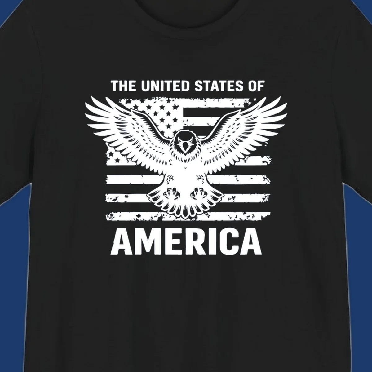 Bold American eagle with outstretched wings superimposed over a distressed USA flag, text 'THE UNITED STATES OF AMERICA'.