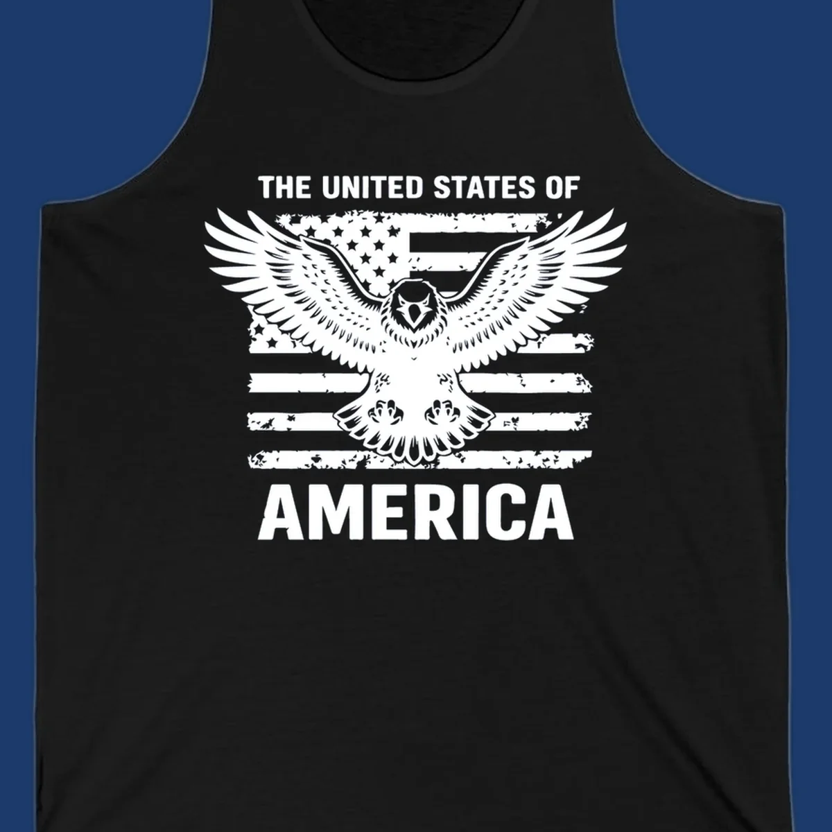 Bold American eagle with outstretched wings superimposed over a distressed USA flag, text 'THE UNITED STATES OF AMERICA'.