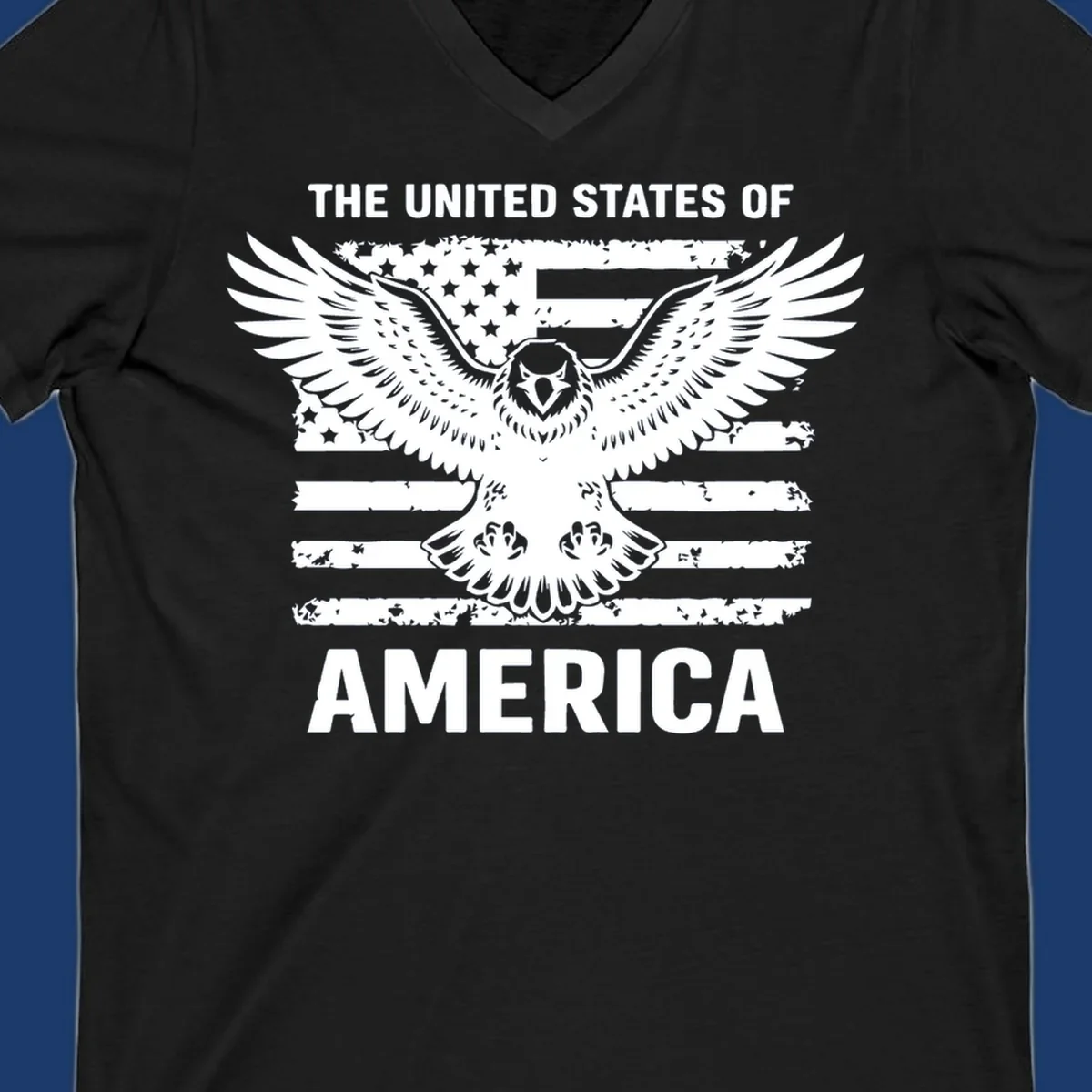 Bold American eagle with outstretched wings superimposed over a distressed USA flag, text 'THE UNITED STATES OF AMERICA'.