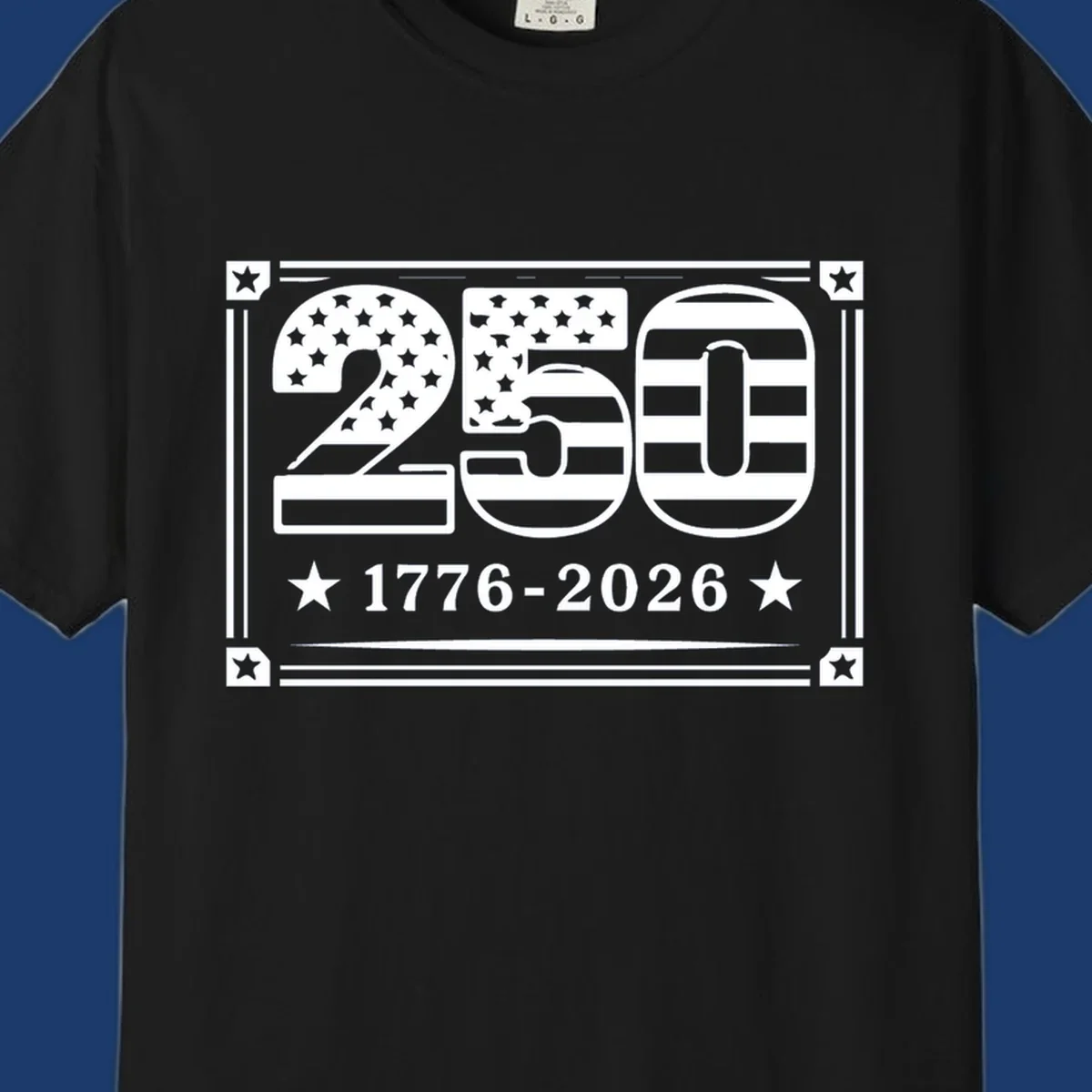 America 250th anniversary design with flag elements and dates 1776-2026.