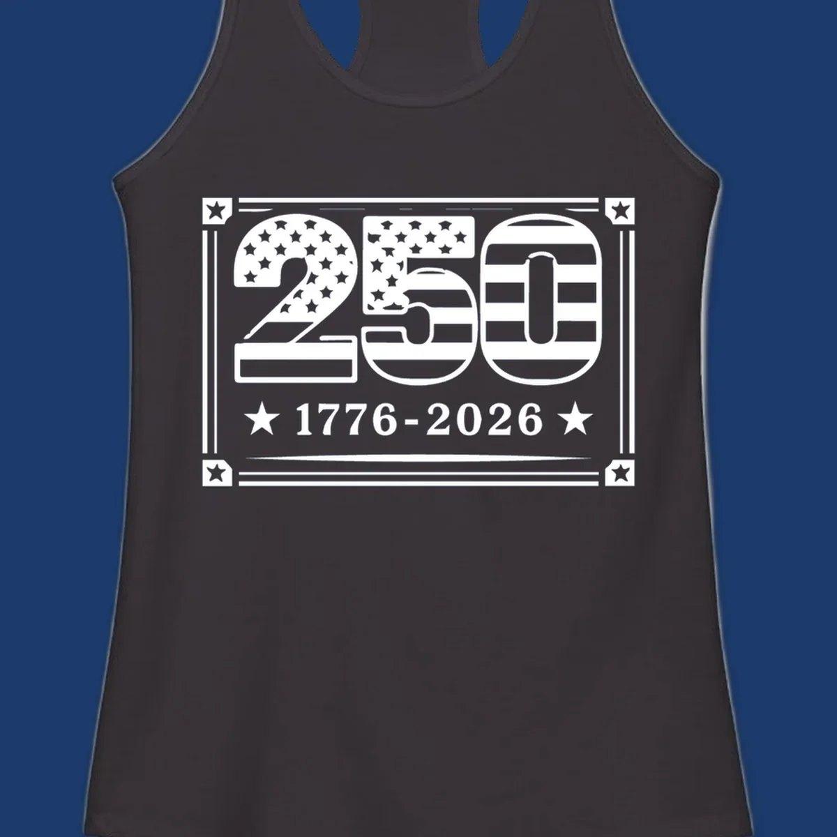 America 250th anniversary design with flag elements and dates 1776-2026.