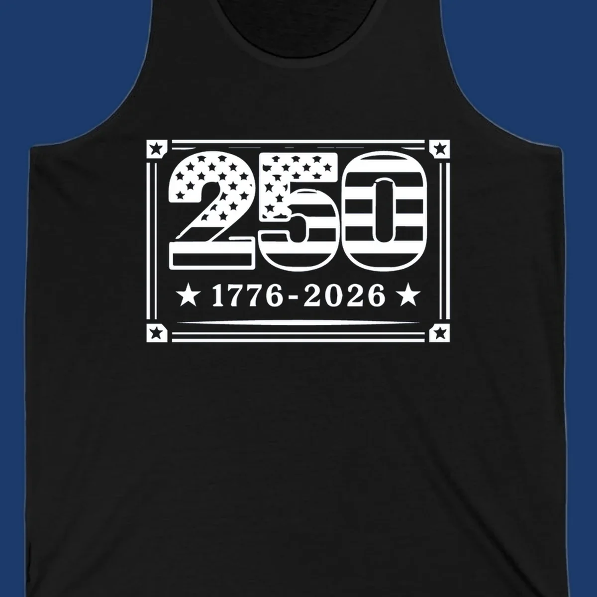 America 250th anniversary design with flag elements and dates 1776-2026.