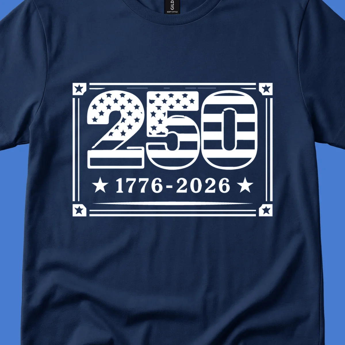 America 250th anniversary design with flag elements and dates 1776-2026.