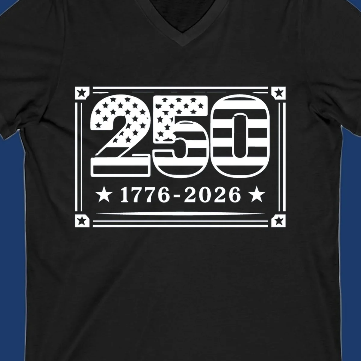 America 250th anniversary design with flag elements and dates 1776-2026.