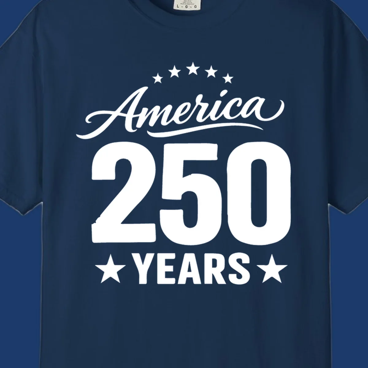 America 250 years text with stars, bold design for celebration.