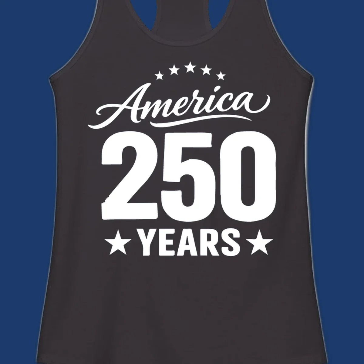 America 250 years text with stars, bold design for celebration.