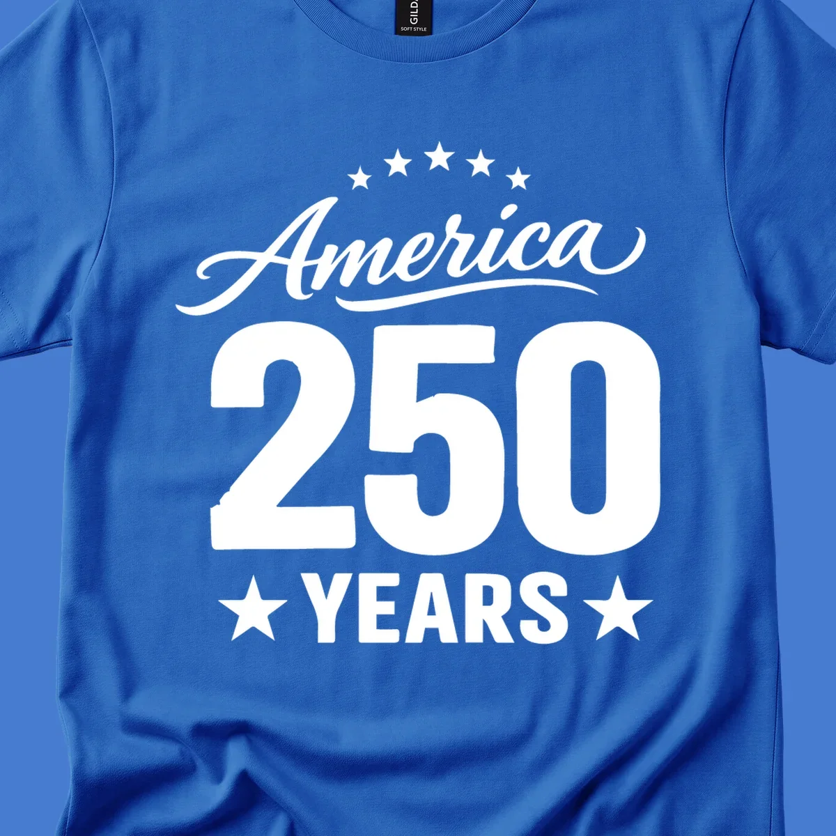 America 250 years text with stars, bold design for celebration.