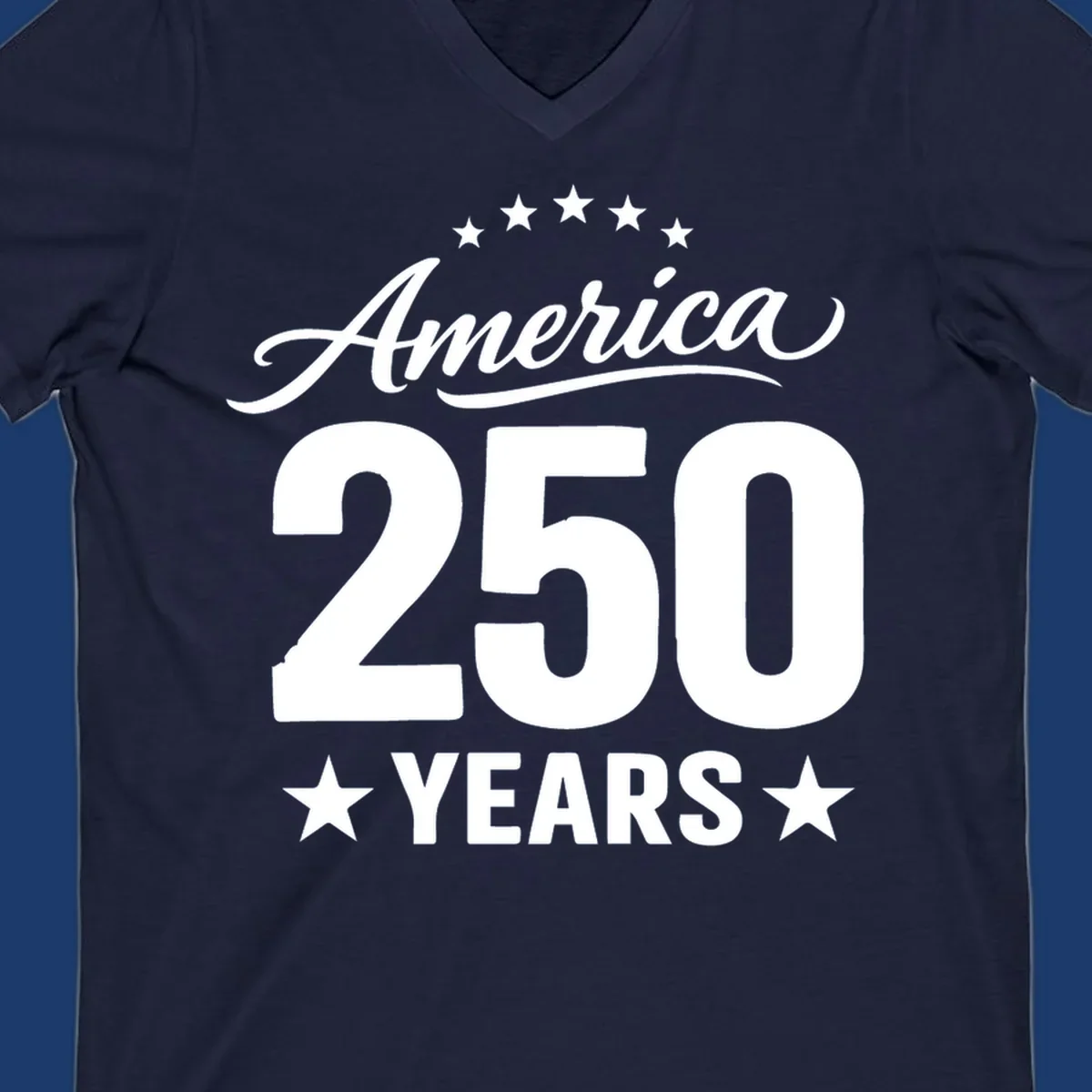 America 250 years text with stars, bold design for celebration.