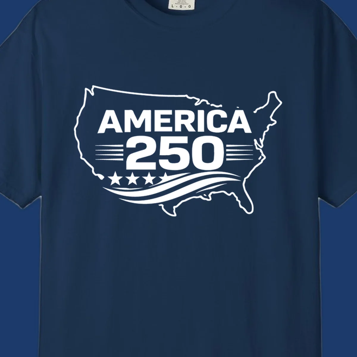 America 250th anniversary celebration design with USA map outline, text, stars, and wavy lines.