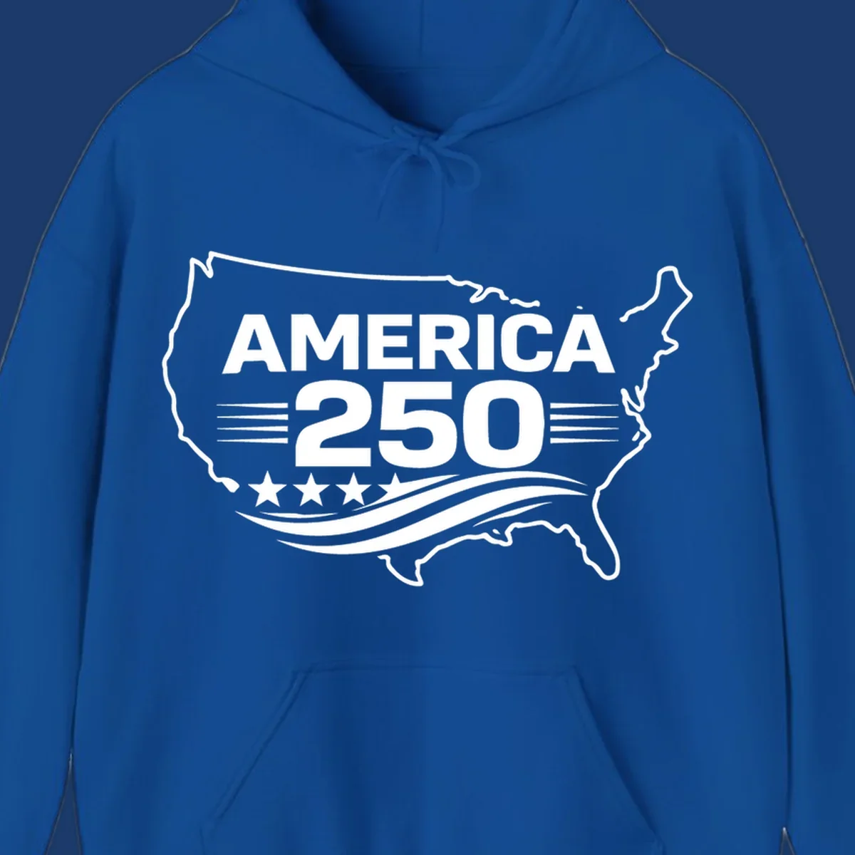 America 250th anniversary celebration design with USA map outline, text, stars, and wavy lines.