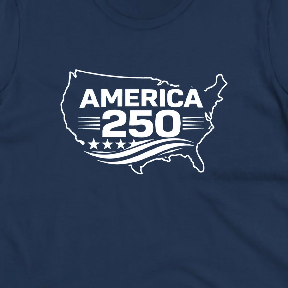 America 250th anniversary celebration design with USA map outline, text, stars, and wavy lines.
