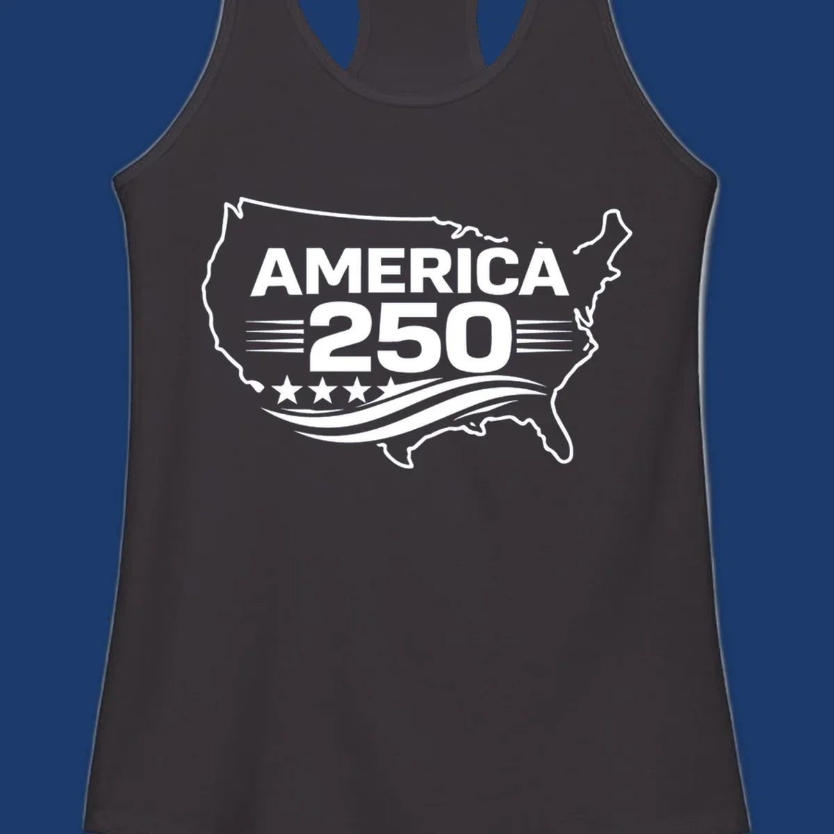 America 250th anniversary celebration design with USA map outline, text, stars, and wavy lines.
