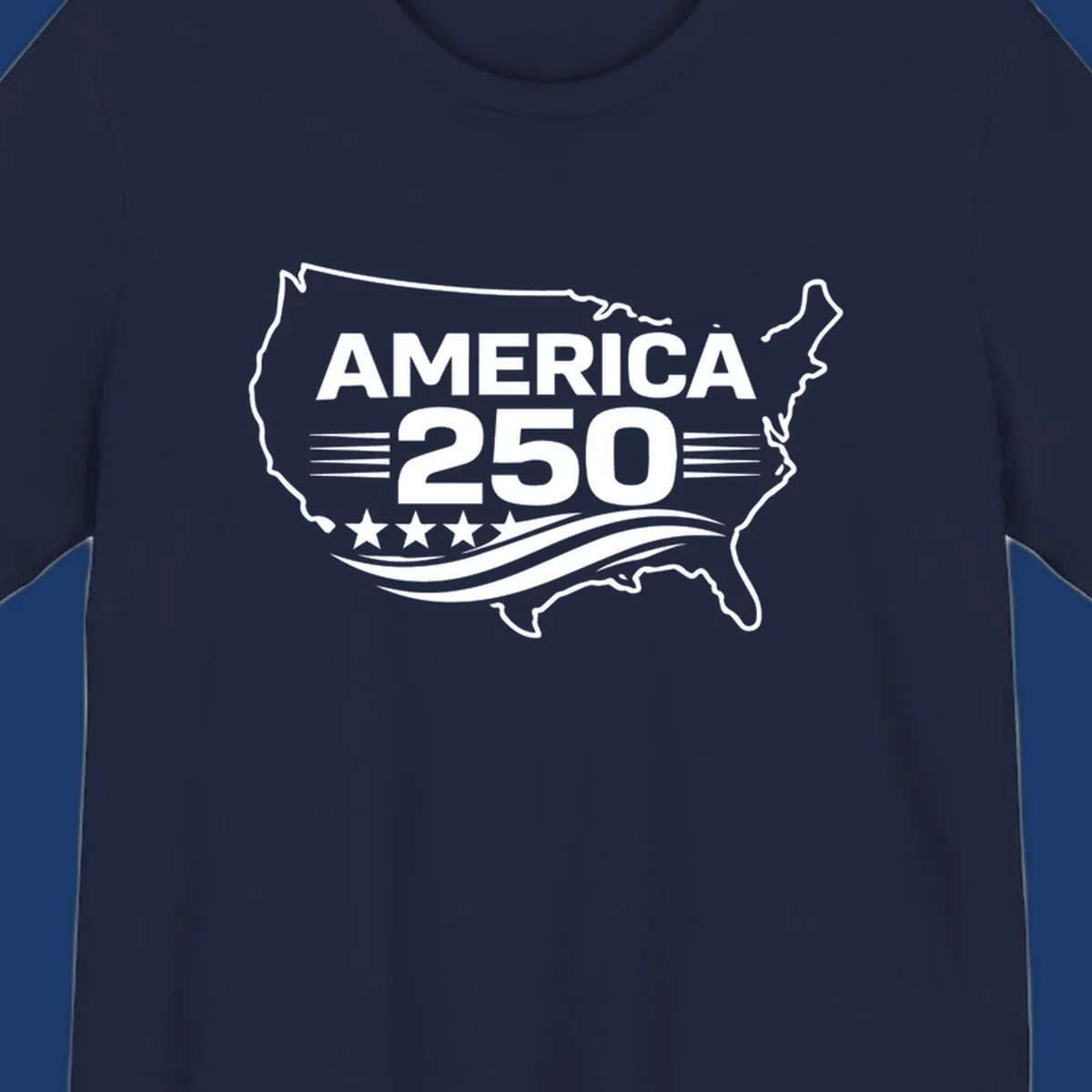 America 250th anniversary celebration design with USA map outline, text, stars, and wavy lines.