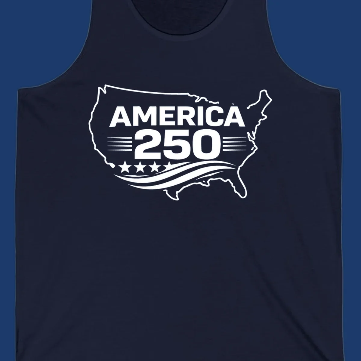 America 250th anniversary celebration design with USA map outline, text, stars, and wavy lines.
