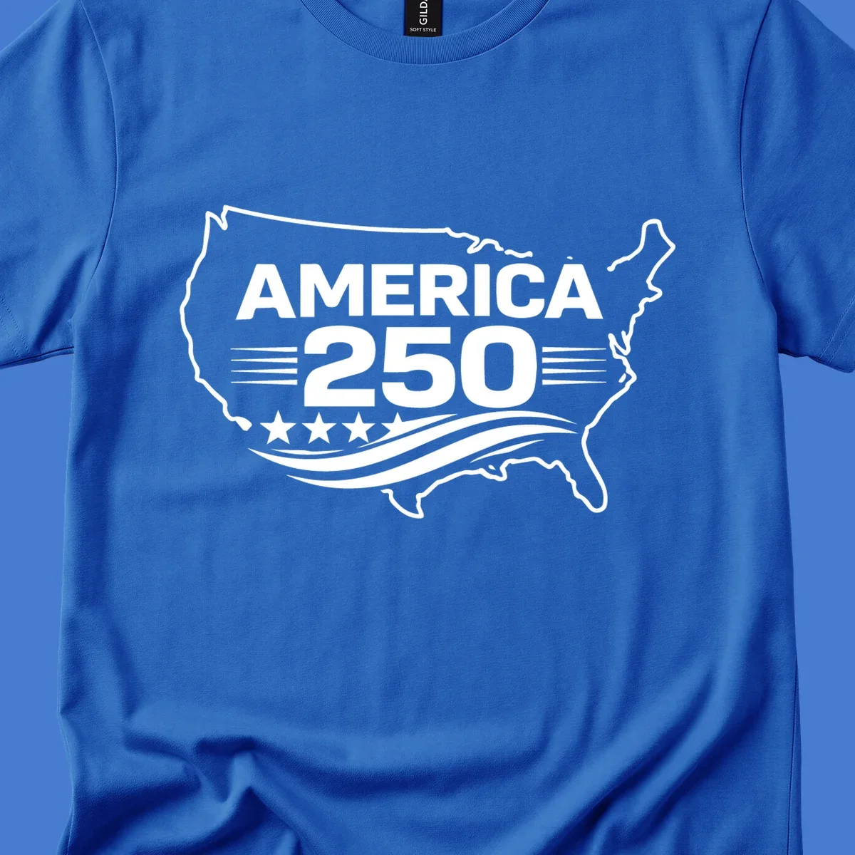 America 250th anniversary celebration design with USA map outline, text, stars, and wavy lines.