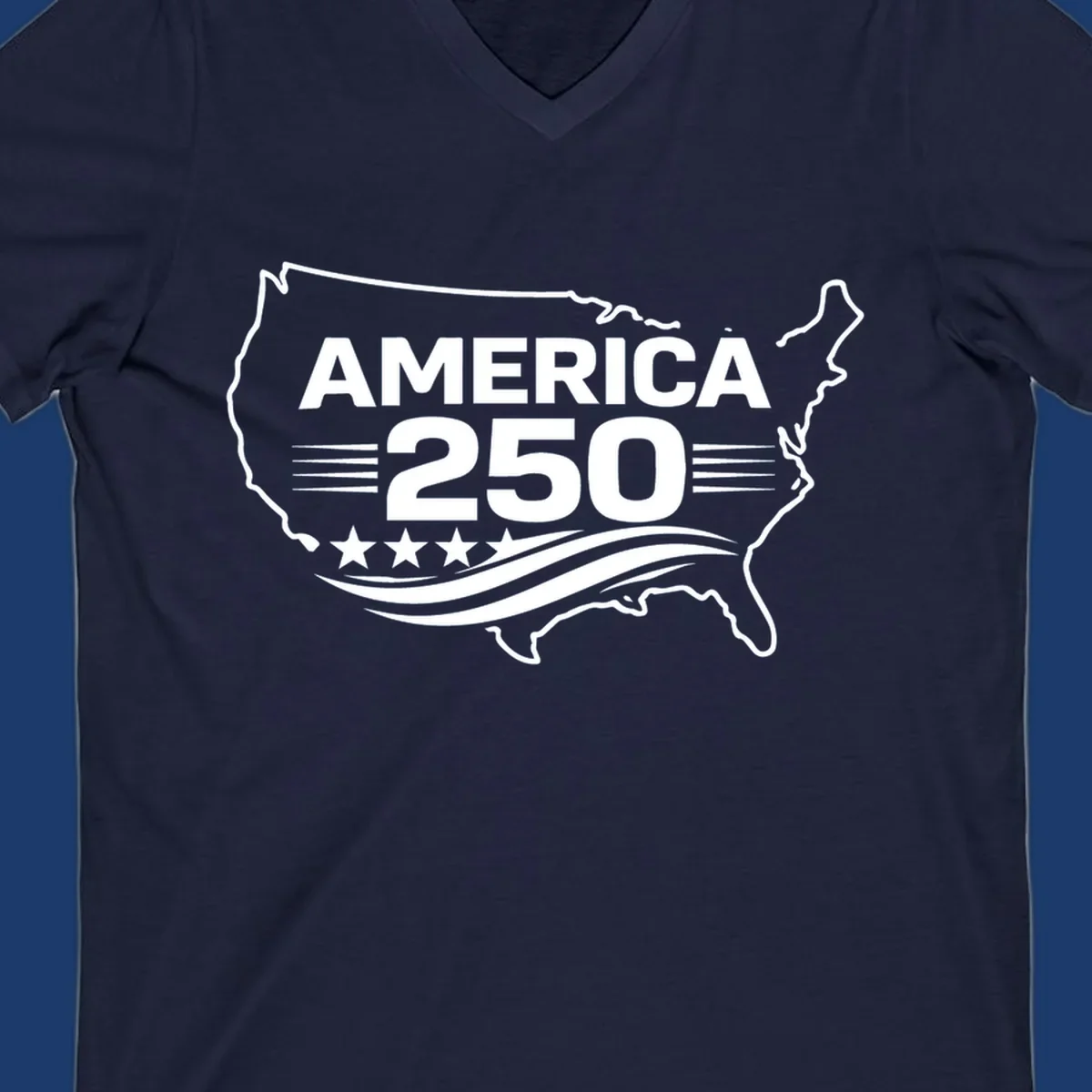 America 250th anniversary celebration design with USA map outline, text, stars, and wavy lines.