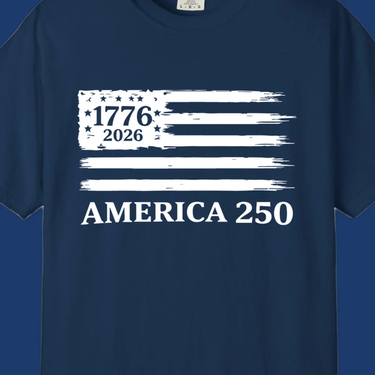 America 250th celebration distressed flag with 1776 and 2026 text.