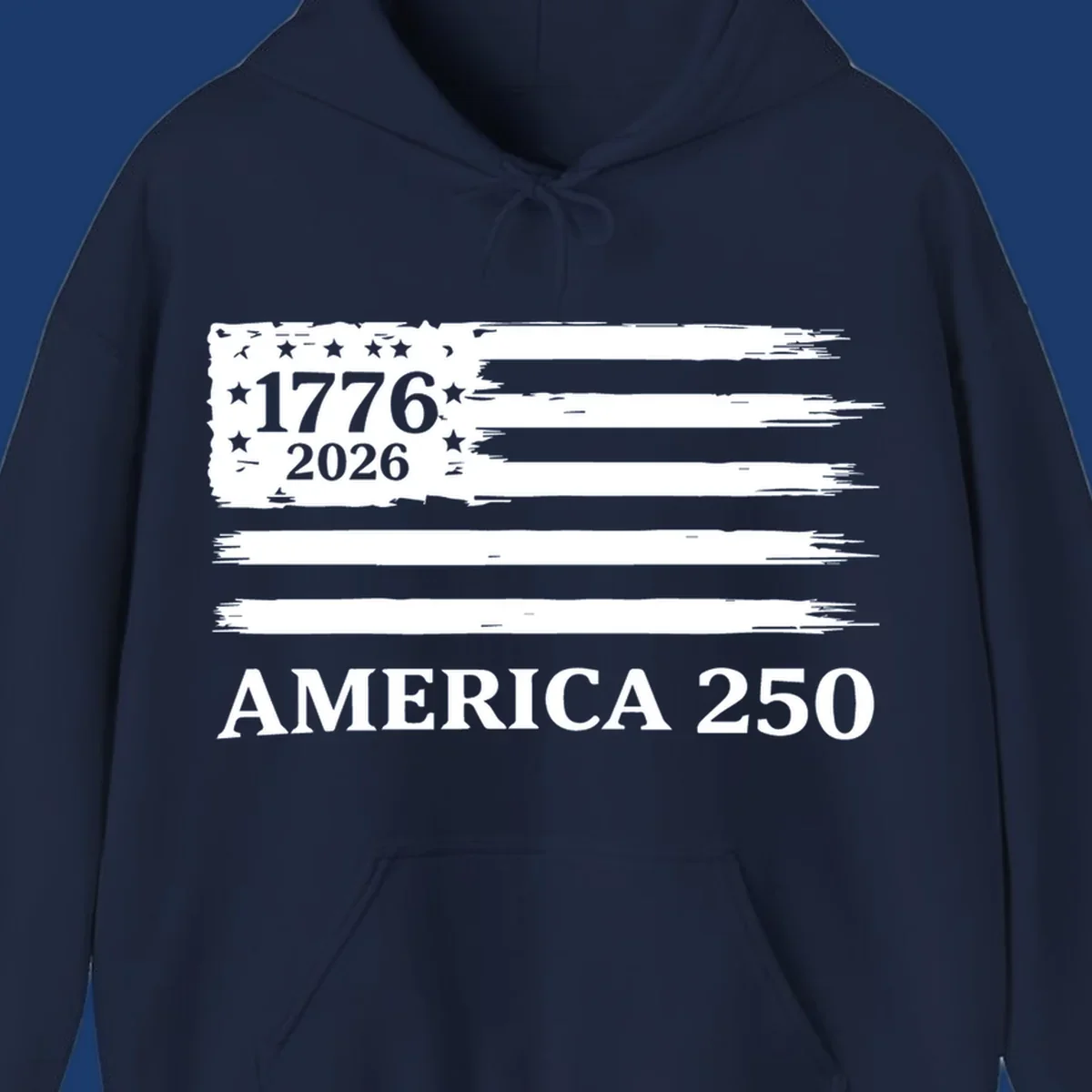 America 250th celebration distressed flag with 1776 and 2026 text.