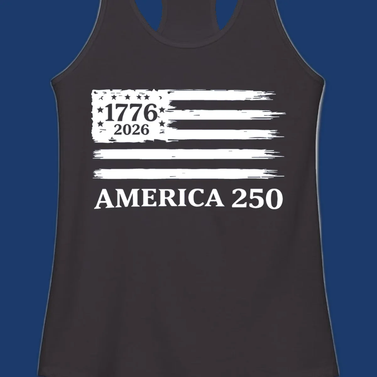 America 250th celebration distressed flag with 1776 and 2026 text.