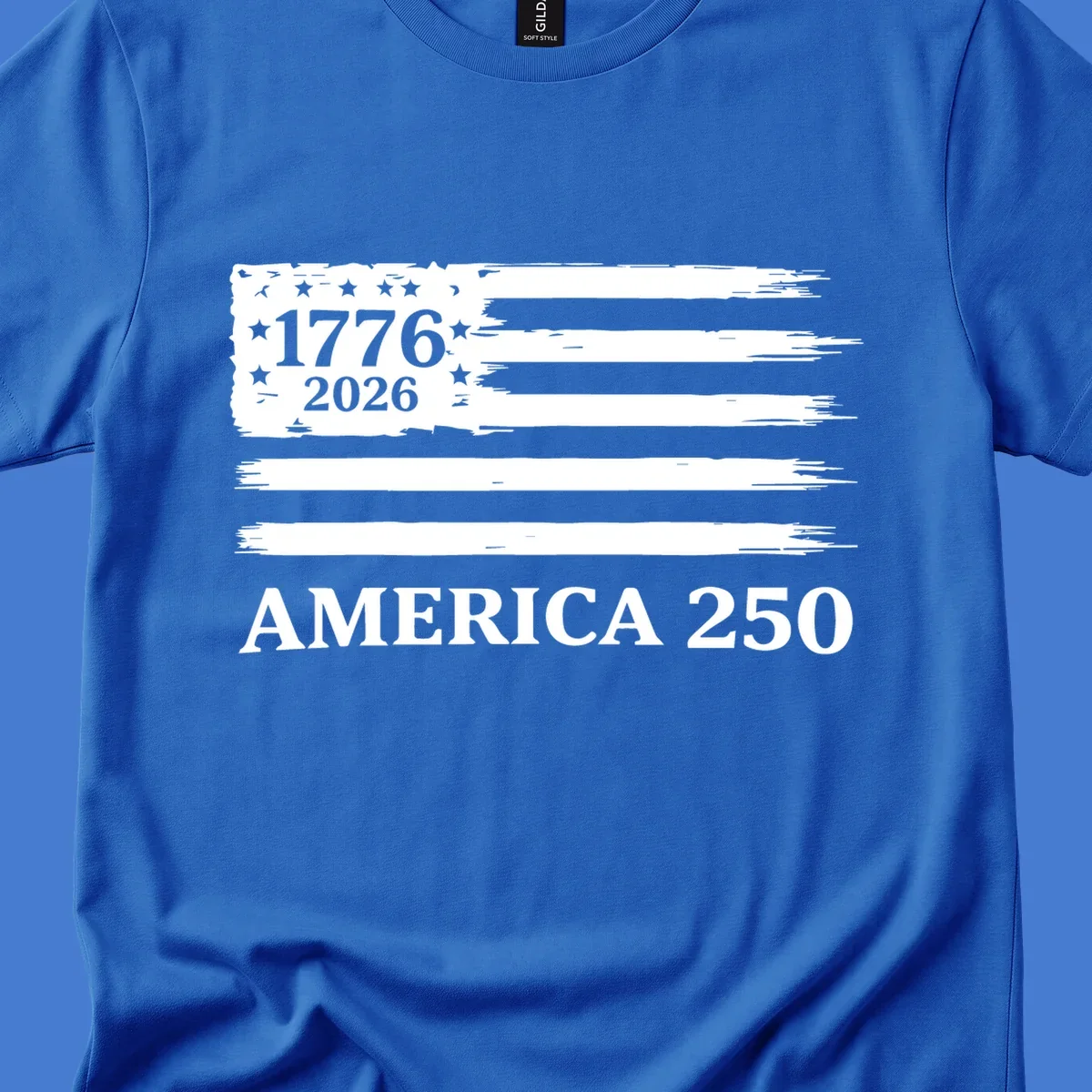 America 250th celebration distressed flag with 1776 and 2026 text.