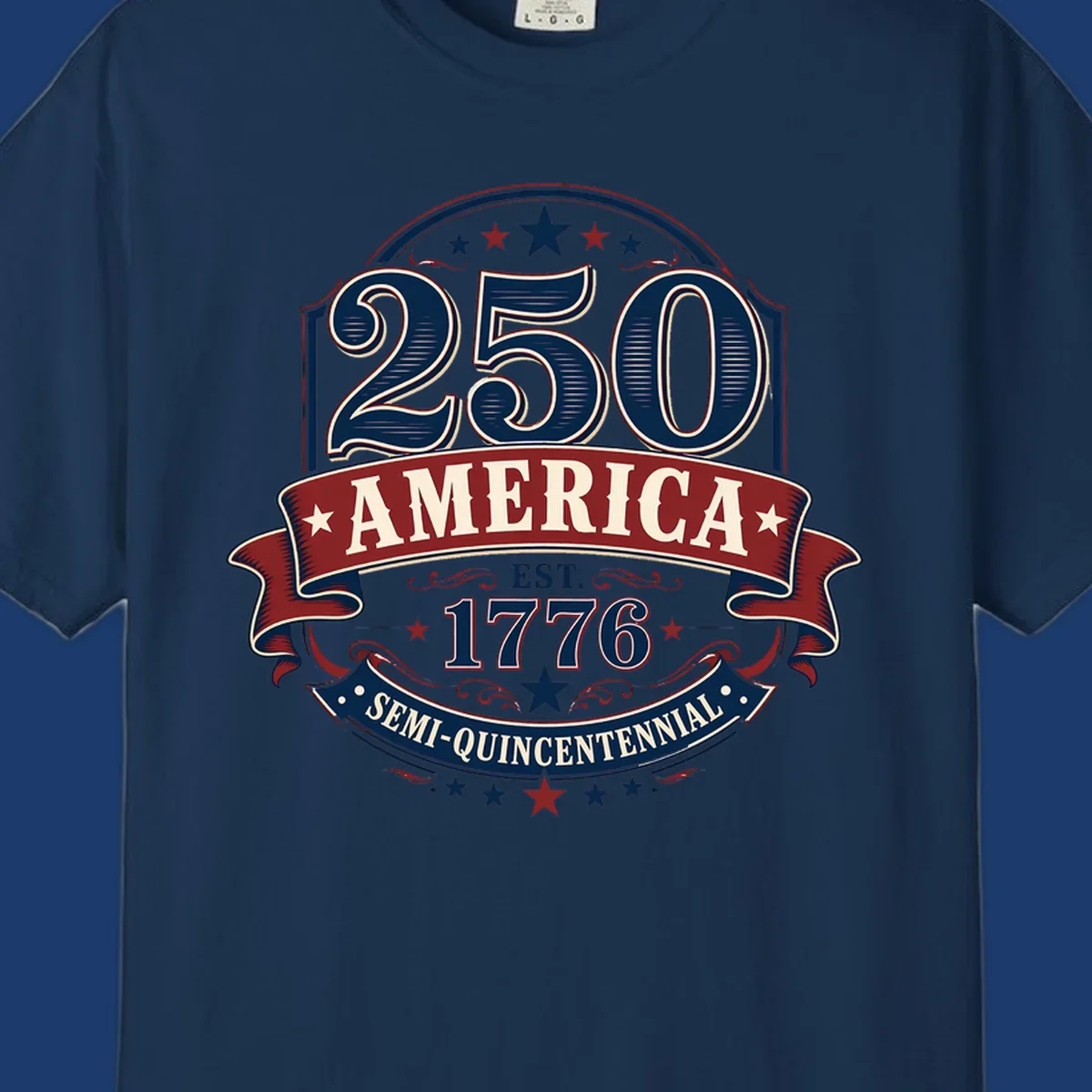 America 250th Semi-Quincentennial Celebration design with bold text and patriotic elements.