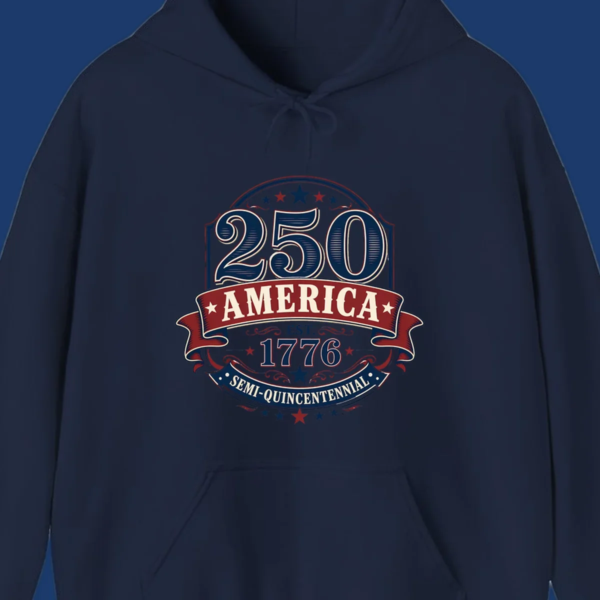 America 250th Semi-Quincentennial Celebration design with bold text and patriotic elements.