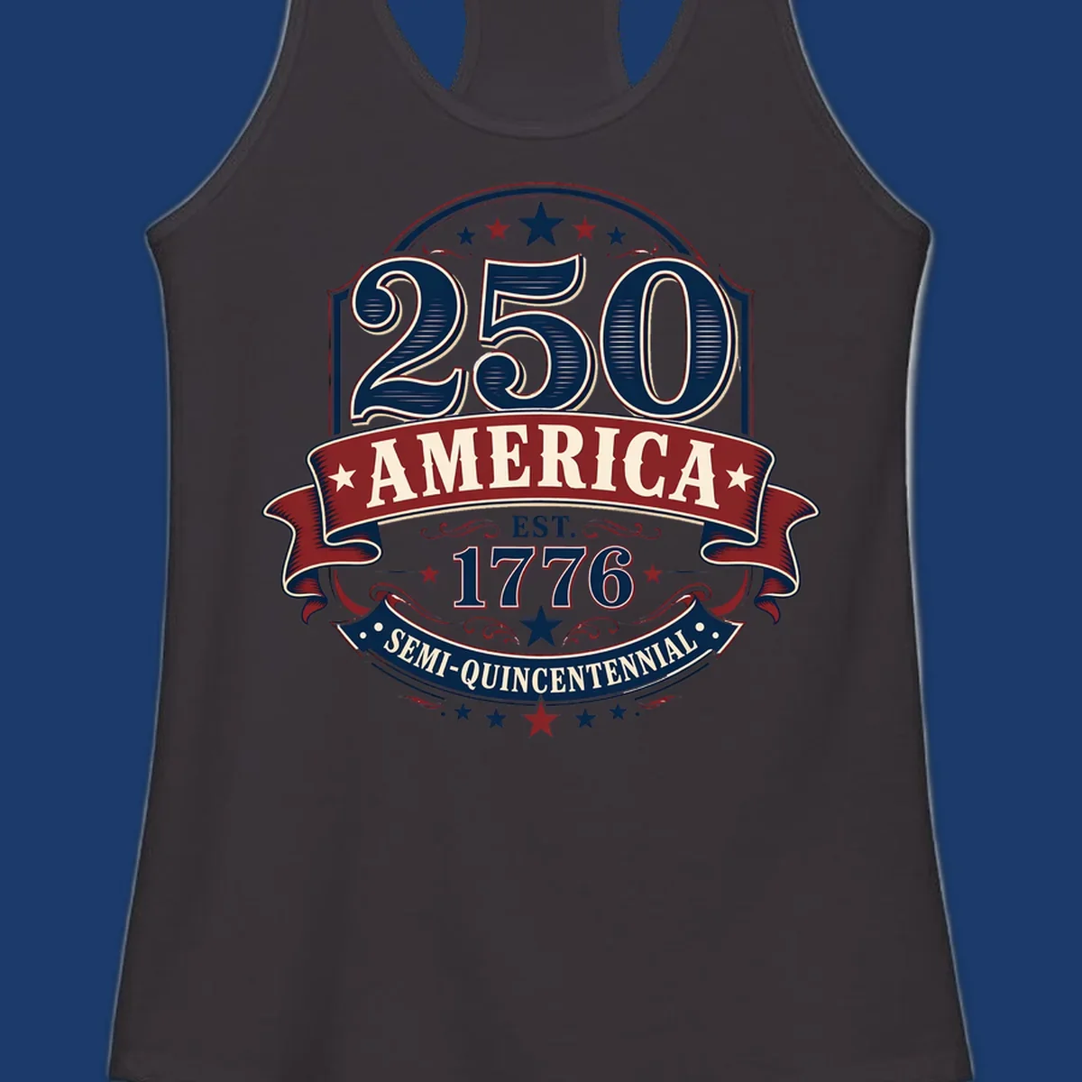 America 250th Semi-Quincentennial Celebration design with bold text and patriotic elements.
