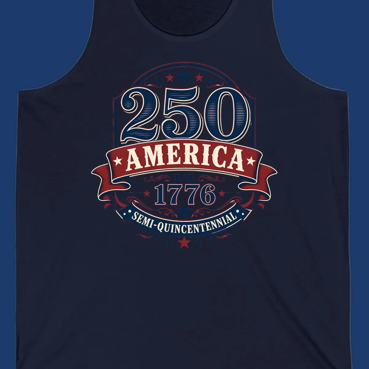 America 250th Semi-Quincentennial Celebration design with bold text and patriotic elements.