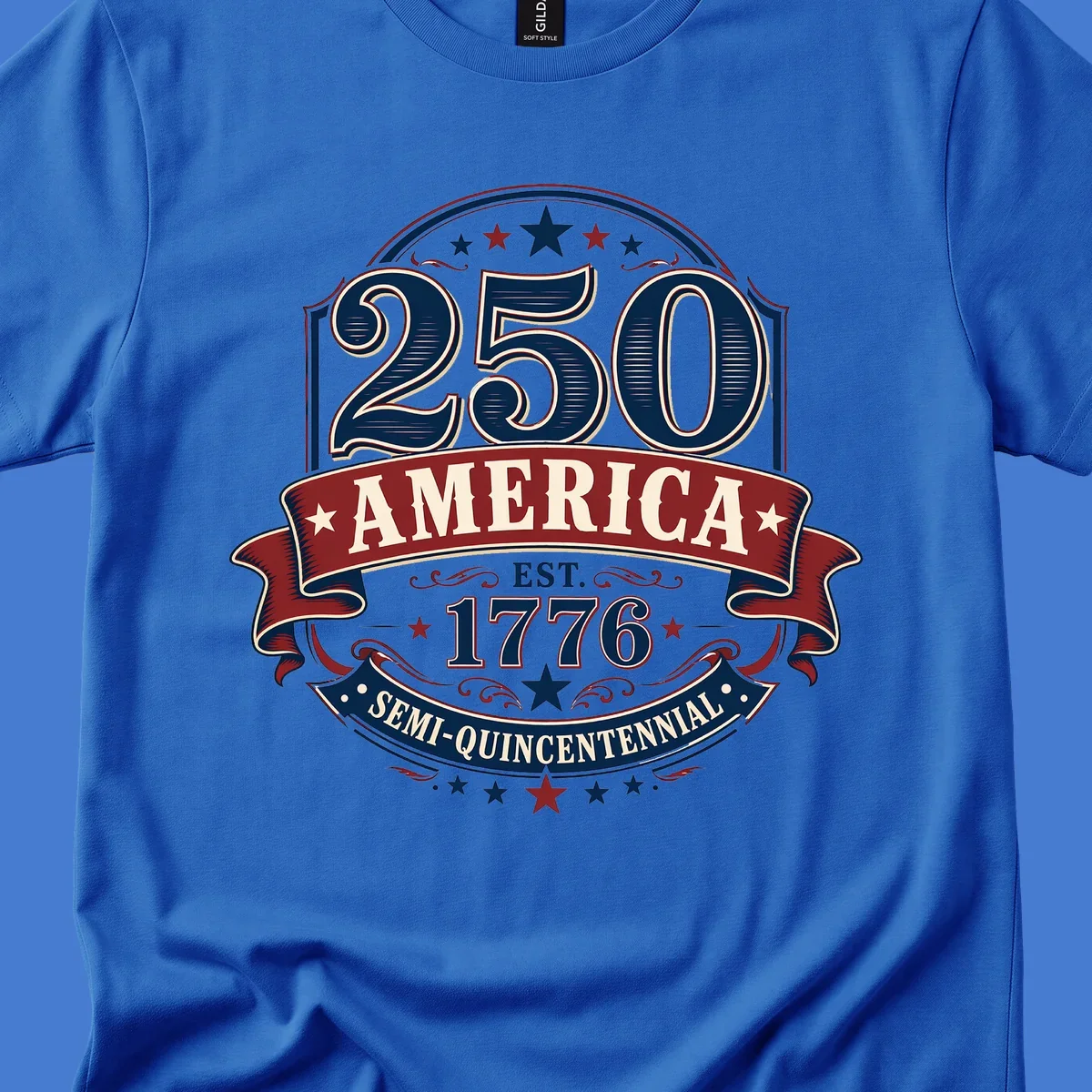 America 250th Semi-Quincentennial Celebration design with bold text and patriotic elements.