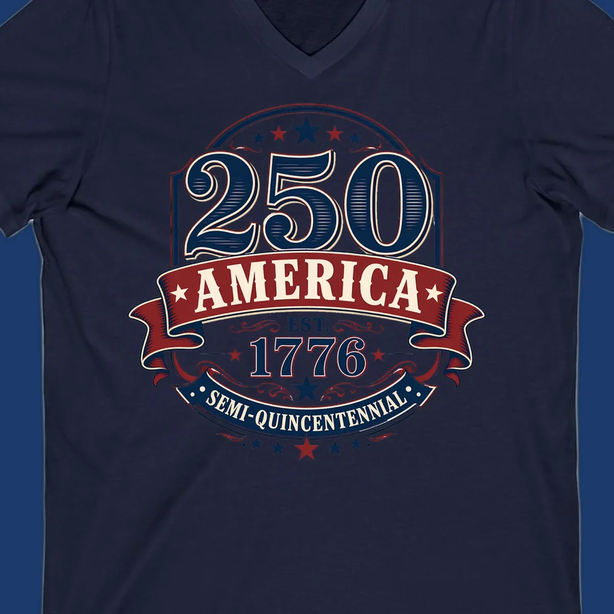 America 250th Semi-Quincentennial Celebration design with bold text and patriotic elements.
