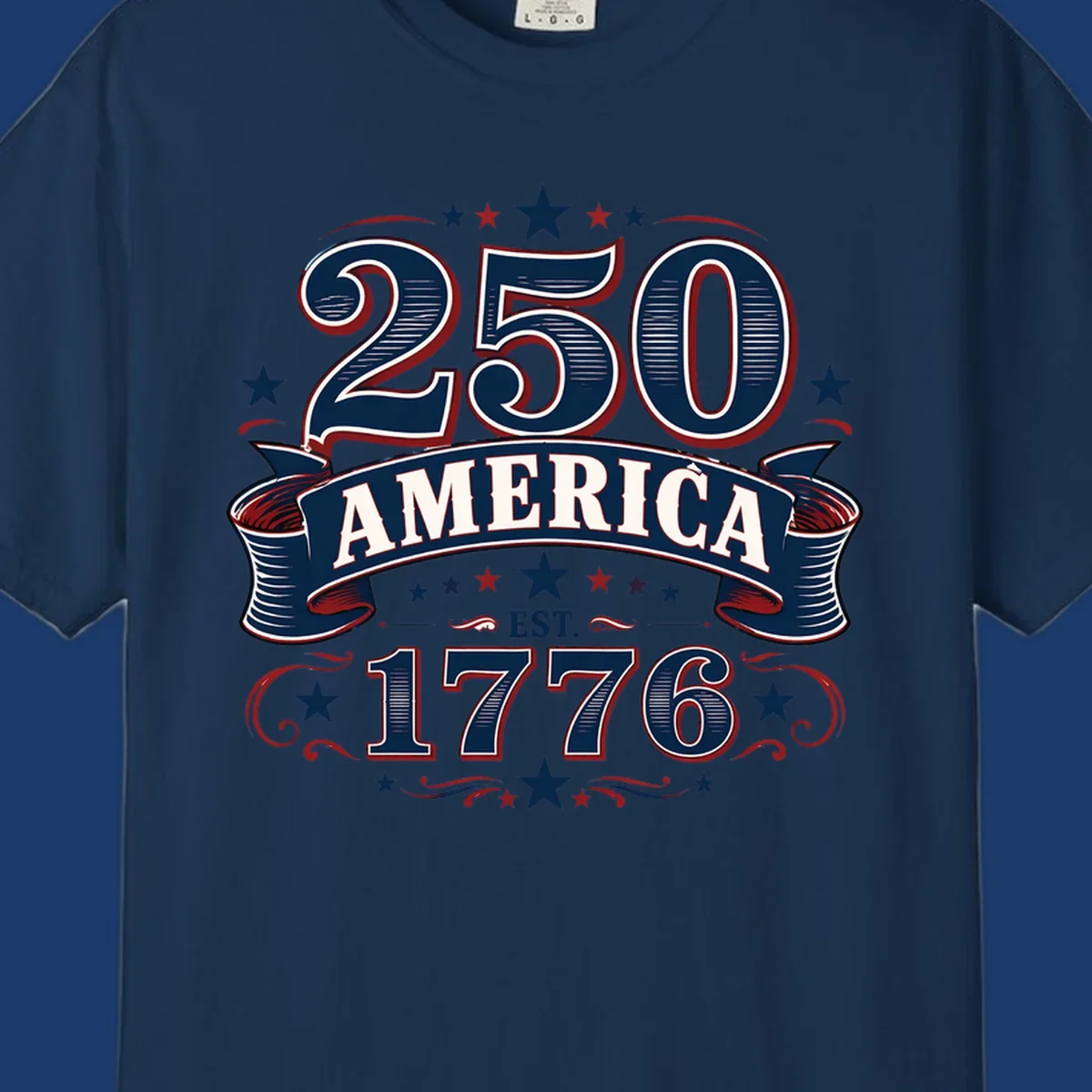 America 250th anniversary design with bold typography '250 AMERICA EST. 1776' in patriotic colors.
