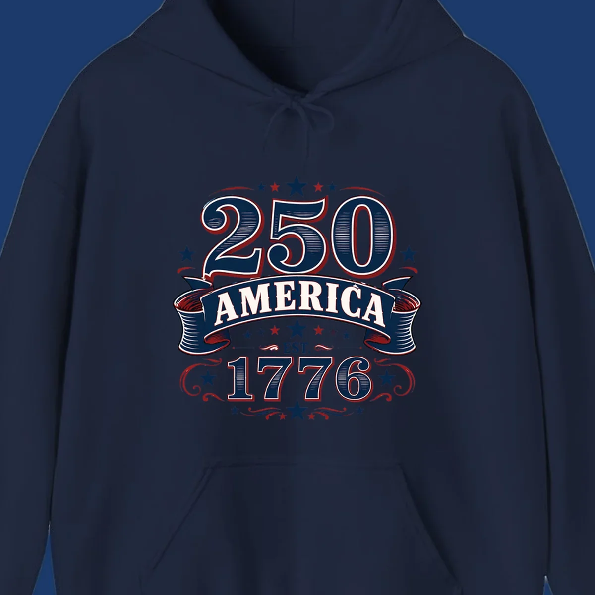 America 250th anniversary design with bold typography '250 AMERICA EST. 1776' in patriotic colors.