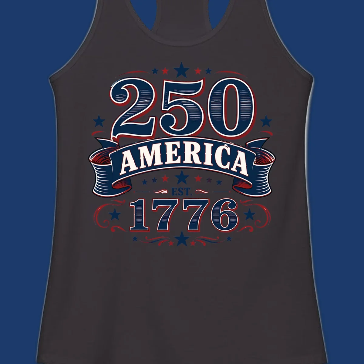 America 250th anniversary design with bold typography '250 AMERICA EST. 1776' in patriotic colors.