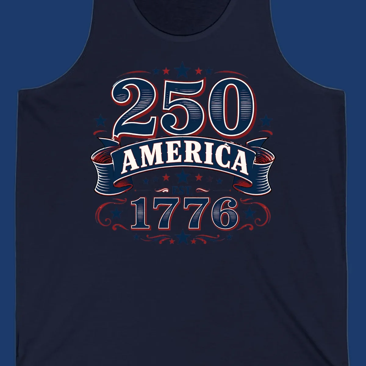 America 250th anniversary design with bold typography '250 AMERICA EST. 1776' in patriotic colors.