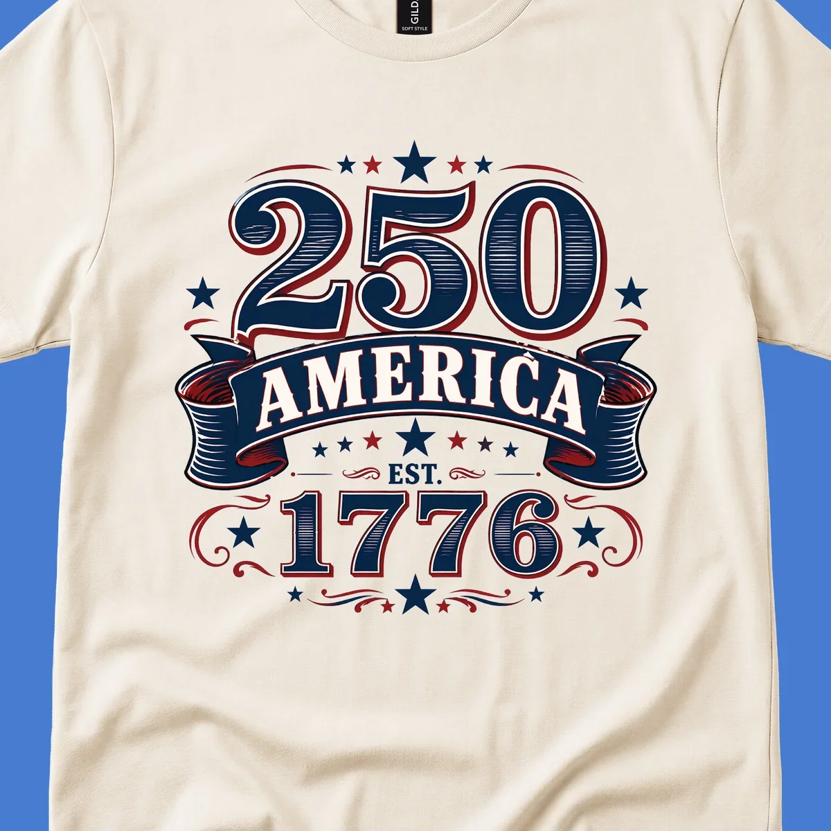 America 250th anniversary design with bold typography '250 AMERICA EST. 1776' in patriotic colors.